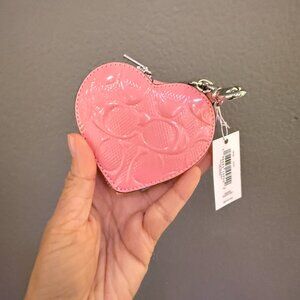 Coach Heart Bag Charm With Patent Signature Leather In SV/Pink CDD04 NWT